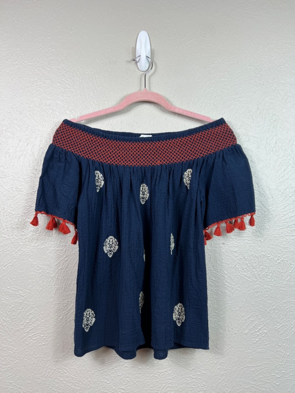 THML Navy Embroidered Off the Shoulder Smocked Neck Tassel Sleeve Top Small
